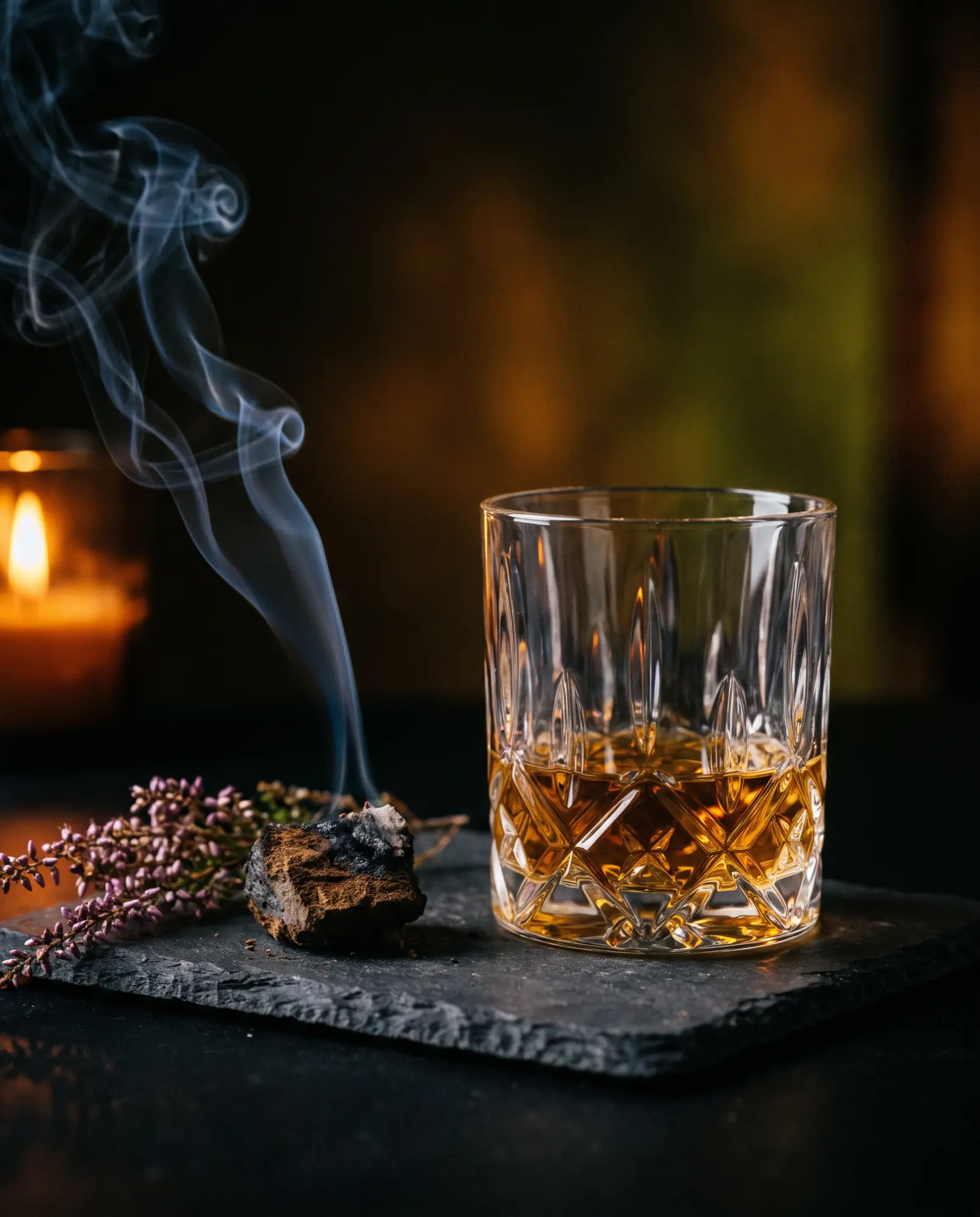 Sklenice whisky vedle kousku rašeliny a vřesu